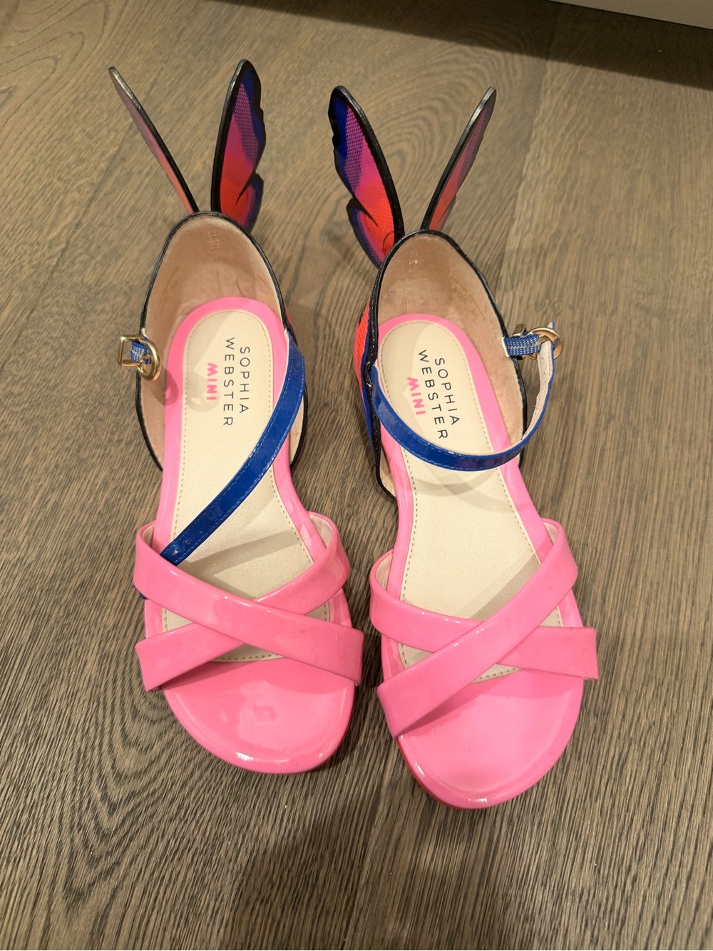 Sophia Webster Hot Pink Patent Crisscross Sandals with Blue Ankle Strap